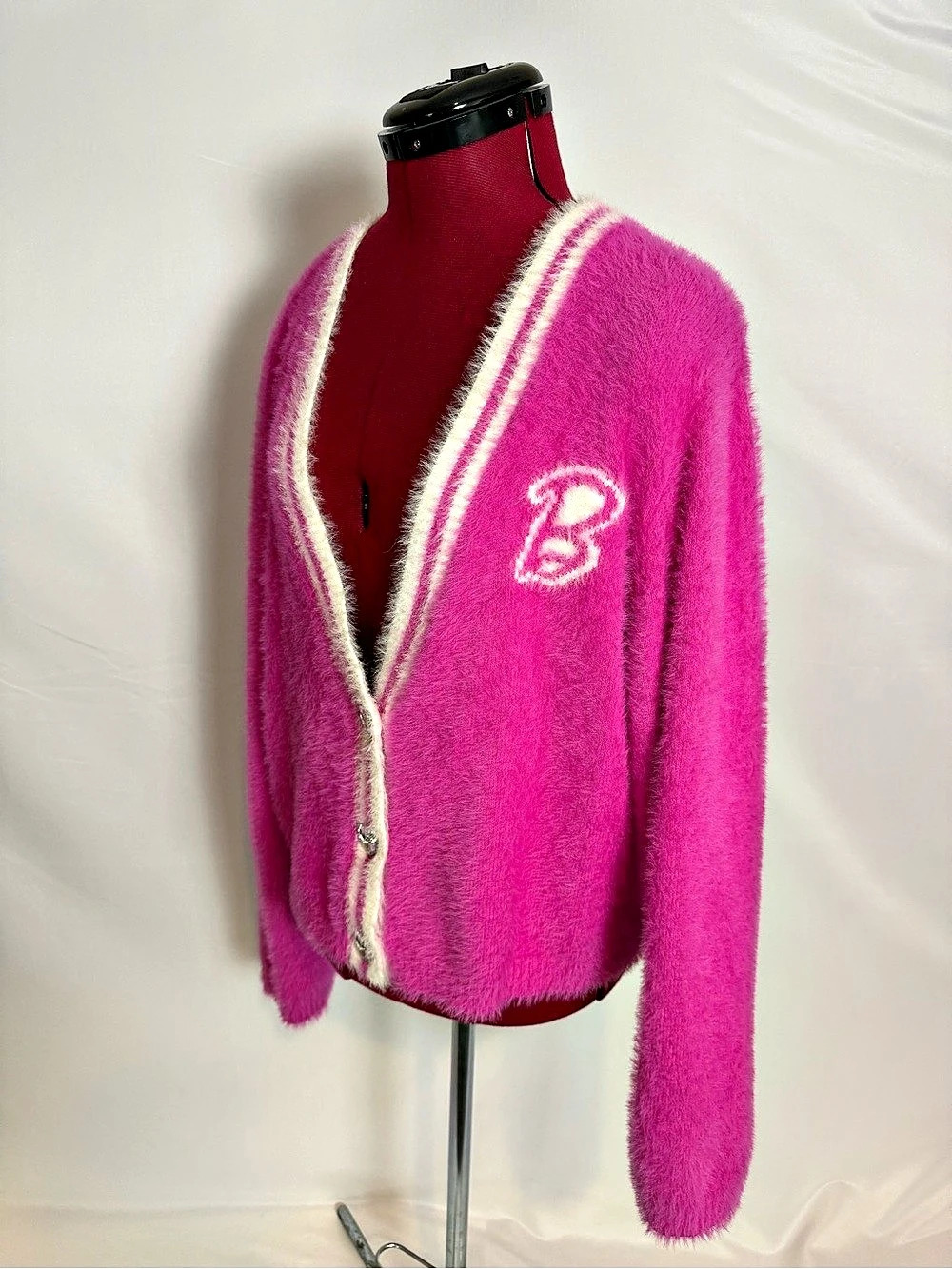 Barbie Cardigan Women's Size XL Pink & White Fuzzy 3-Button Long Sleeves - Picture 2 of 12